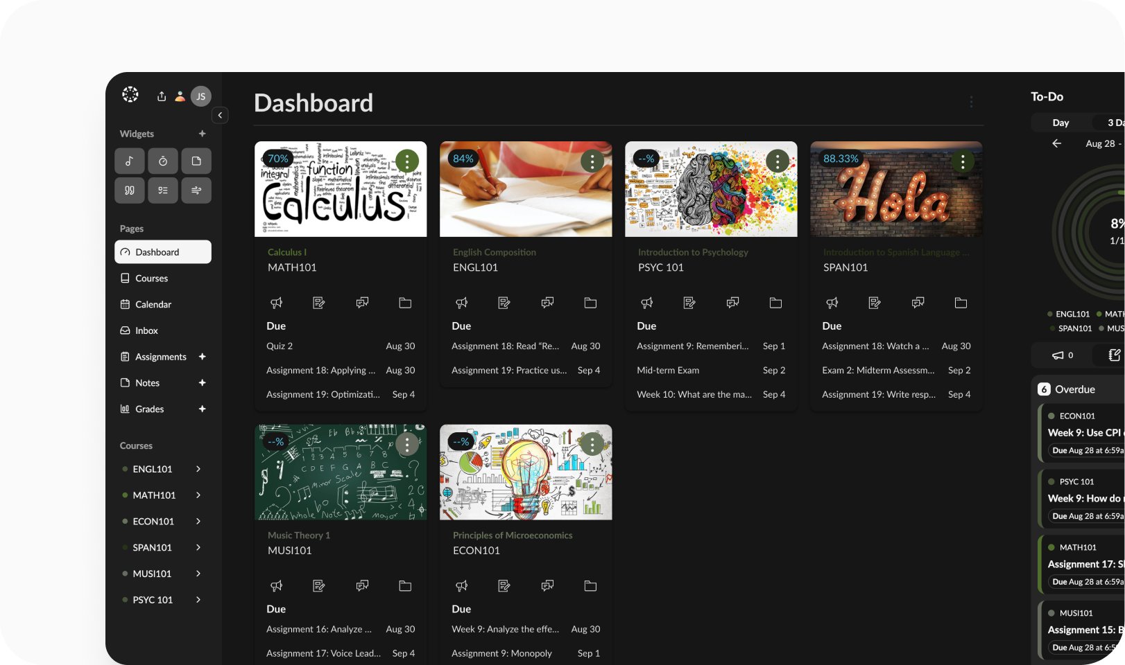 BetterCanvas dark mode dashboard showing courses, assignments, and to-do list